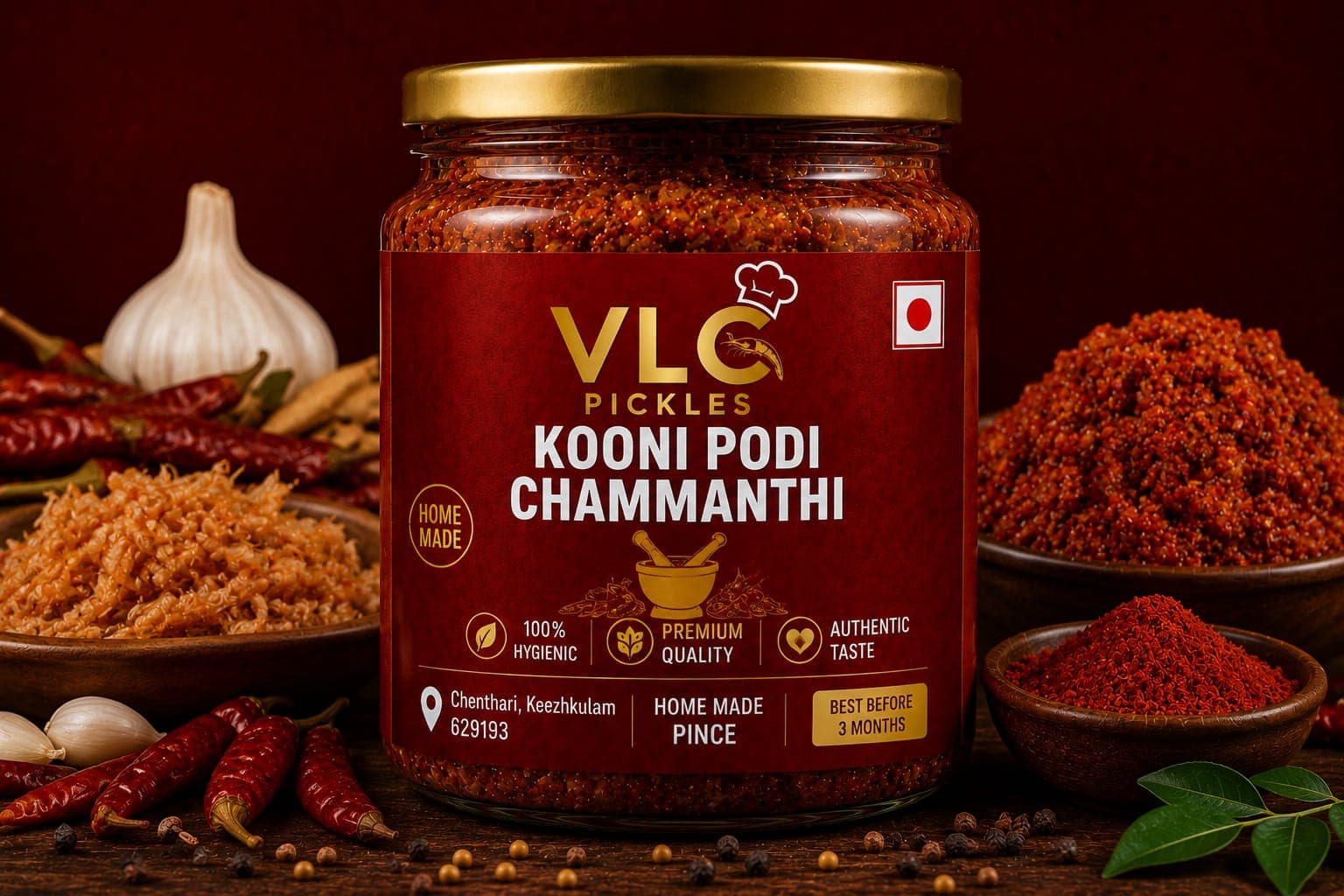 Kooni podi chammanthi jar beside bowls of dried shrimp and chilli powder