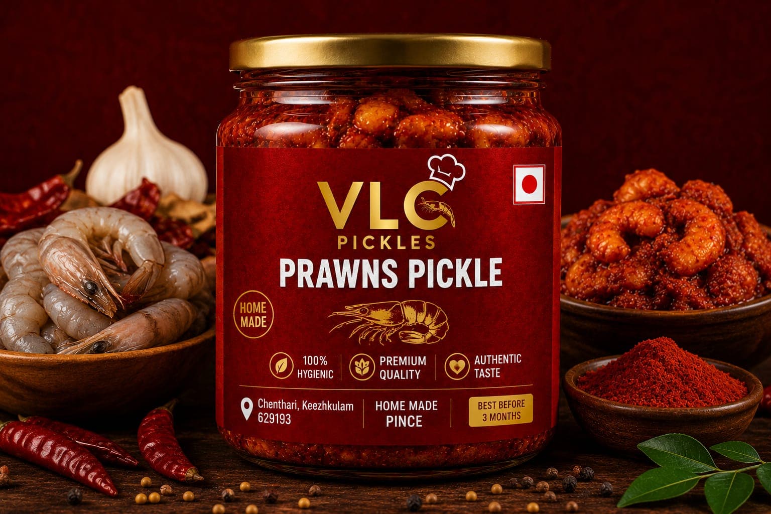 Prawns Pickle in a glass jar, surrounded by fresh ingredients