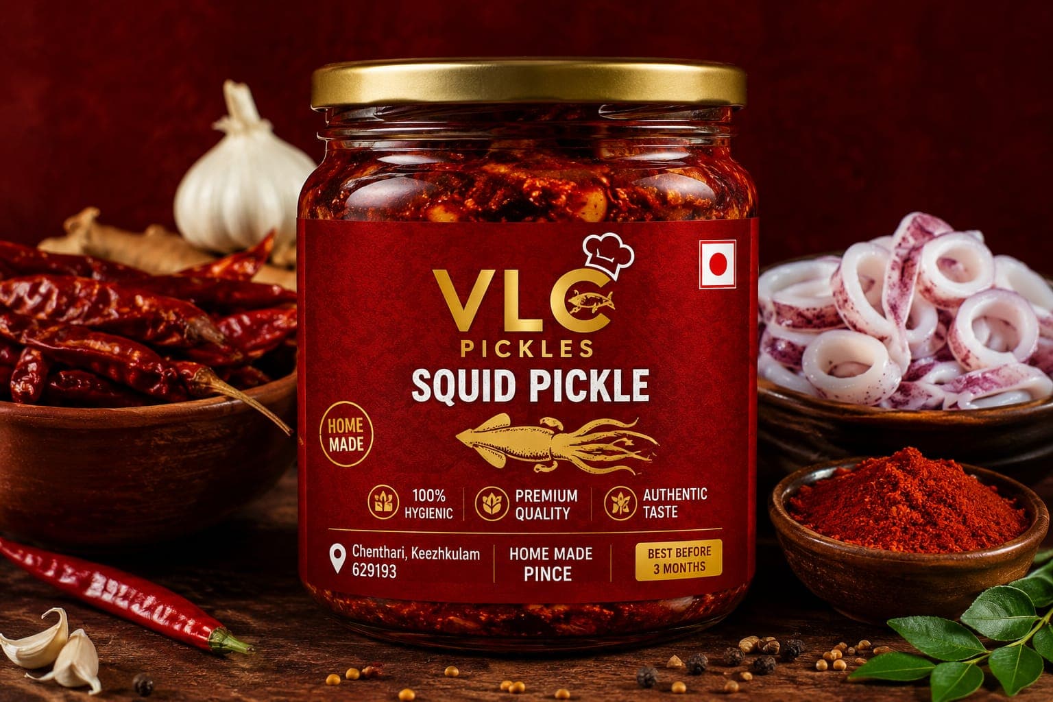 Squid pickle jar with dried chillies and pepper